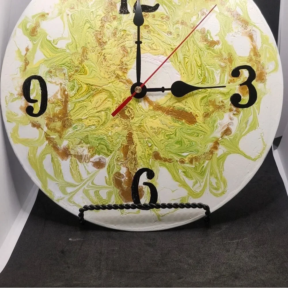 Hand Crafted Abstract Hanging Wall Clock Analog  Vinyl Record Fluid Art Decor